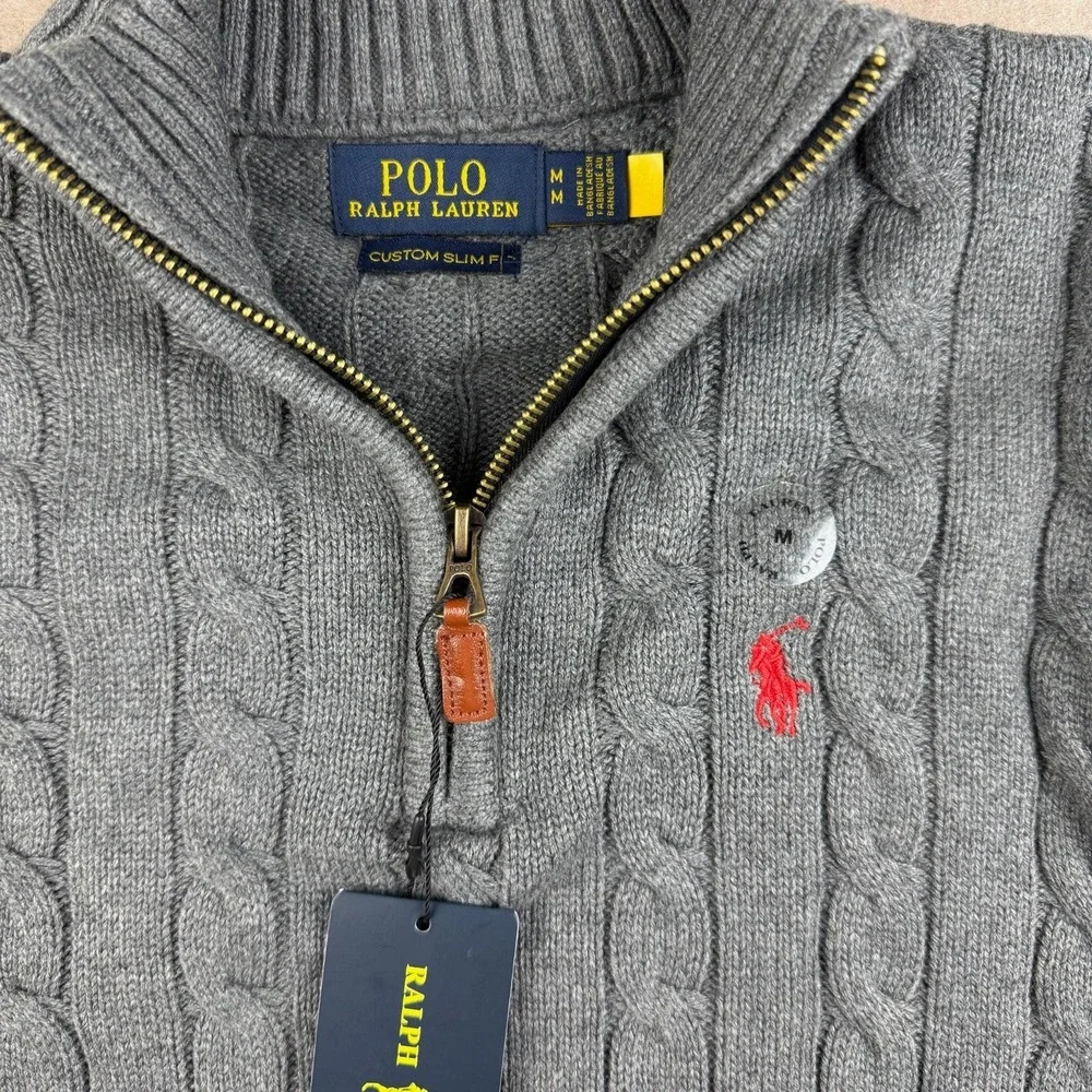 Polo Ralph Lauren Sweater Mens Medium Custom Slim Fit Gray Cable Knit 1/4‎ Zip